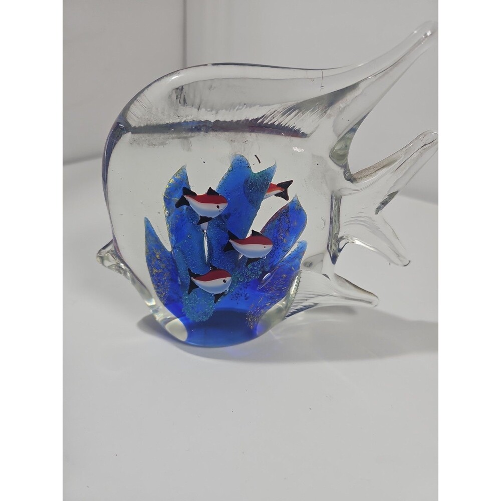 Vintage Art Glass Angel Fish Aquarium Paperweight Blue White Orange Murano Style